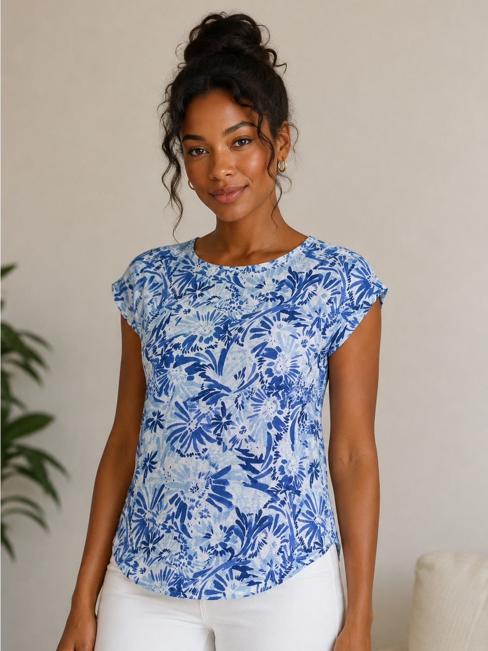 Joie Floral Linen Top Size L Coastal Casual Blue